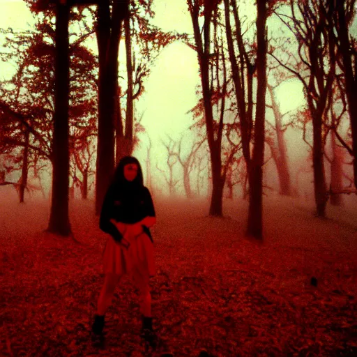 Image similar to film still, extreme far view, anime girls, foggy forest at night, satanic ritual, bonfire, cult, red tint expired film,