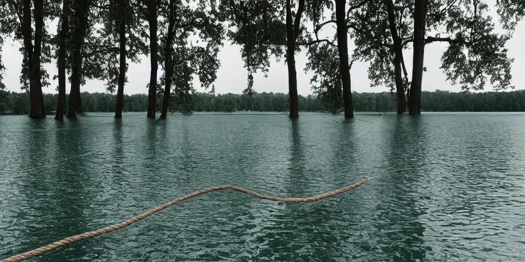 Image similar to symmetrical photograph of an infinitely long rope floating on the surface of the water, the rope is snaking from the foreground stretching out towards the center of the lake, a dark lake on a cloudy day, trees in the background, anamorphic lens directed by charlie kaufman