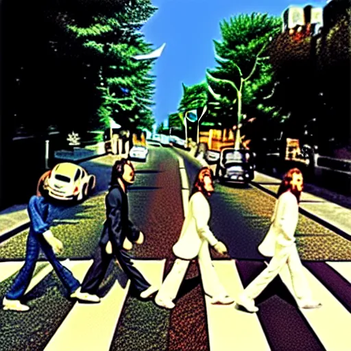 Image similar to The cover of Abbey Road in the style of Tim Burton, HD, Hyper realistic, intricate detail