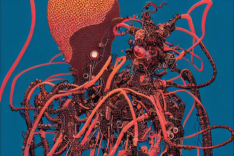 Prompt: risograph grainy drawing vintage sci - fi, satoshi kon color palette, arzach bird covered with robot parts and wires, wearing futuristic layered scaphander with lot tentacles, insects and dragonflies around, painting by moebius and satoshi kon and dirk dzimirsky close - up portrait