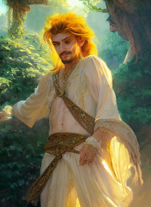 Prompt: a beautiful detailed painting of a gypsy male bard in colorful rainbow firion ornate robes robes, pale skin, white hair, yellow eyes, master of dreams art by jon foster trending on artstation painted by greg rutkowski, painted by stanley artgerm