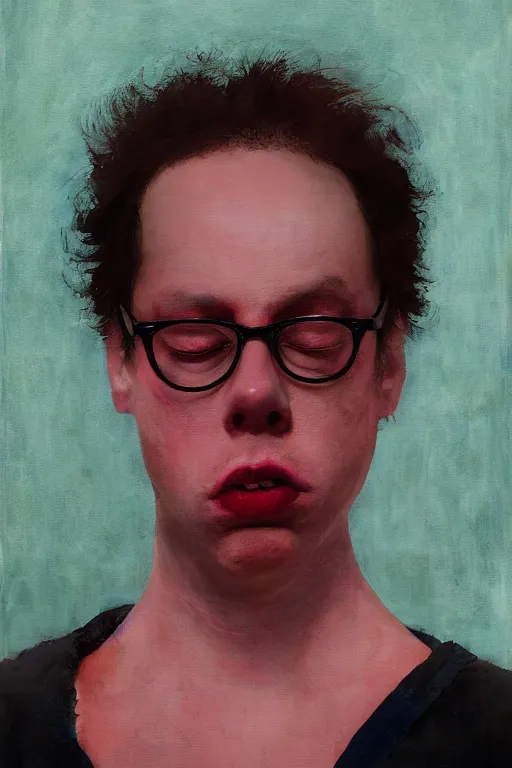 Prompt: todd solondz, a portrait of sick and thin todd solondz, clear todd solondz face, dreaming of kissing a girl, sad and lonley, vivid colors, soft lighting, atmospheric, cinematic, moody, in the style of jenni saville and krenz cushart, oil on canvas, 8 k