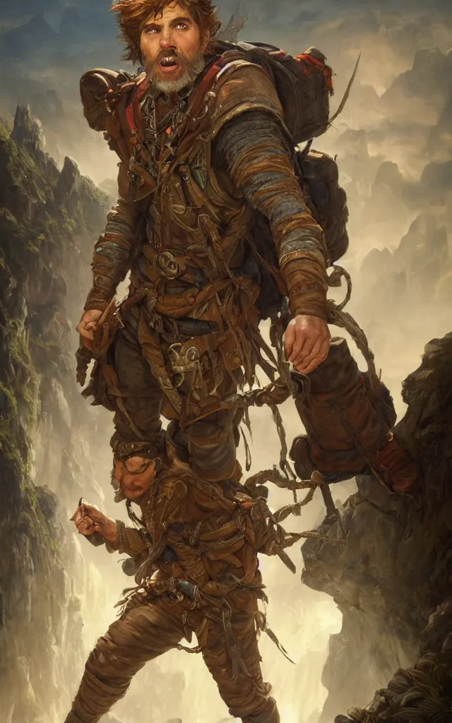 Prompt: an oil art close - up portrait painting of young handsome fool adventurer with adventurer hiking backpack, grim gwent card, gipsy mage adventurer character design from inquisition, climbing up a cliffside, 4 k, ultra detail, volumetric lighting, unreal engine, octane render, by tom bagshaw, andreas rocha, karol bak, artgerm