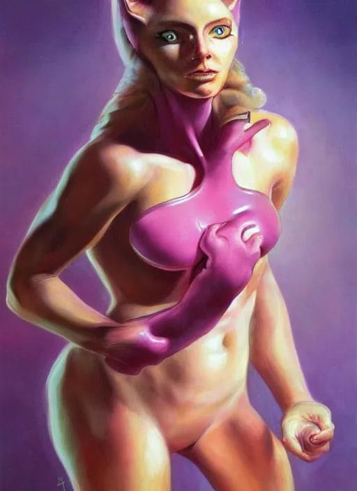 Image similar to a portrait of a pink cat hybrid human woman, art by boris vallejo and greg danton and denys tsiperko, detailed, hyperrealism, artstation