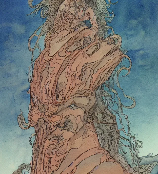 Prompt: a watercolor ink painting of the primordial eldritch goddess of natural - disasters in the style of jean giraud in the style of moebius trending on artstation deviantart pinterest detailed realistic hd 8 k high resolution