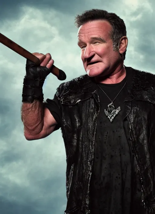 Image similar to promotional image of robin williams as a heavy metal singer, rugged black clothes, detailed face, movie still frame, promotional image, imax 70 mm footage