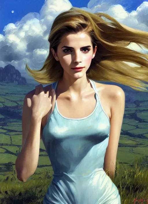 Image similar to portrait of a combination of Ashley Greene, Victoria Justice and Adriana Dxim, Grace Kelly, Emma Watson and Lily Collins with blonde hair wearing Varia Suit from Metroid, countryside, calm, fantasy character portrait, dynamic pose, above view, sunny day, thunder clouds in the sky, artwork by Jeremy Lipkin and Giuseppe Dangelico Pino and Michael Garmash and Rob Rey and Greg Manchess and Huang Guangjian, very coherent asymmetrical artwork, sharp edges, perfect face, simple form, 100mm