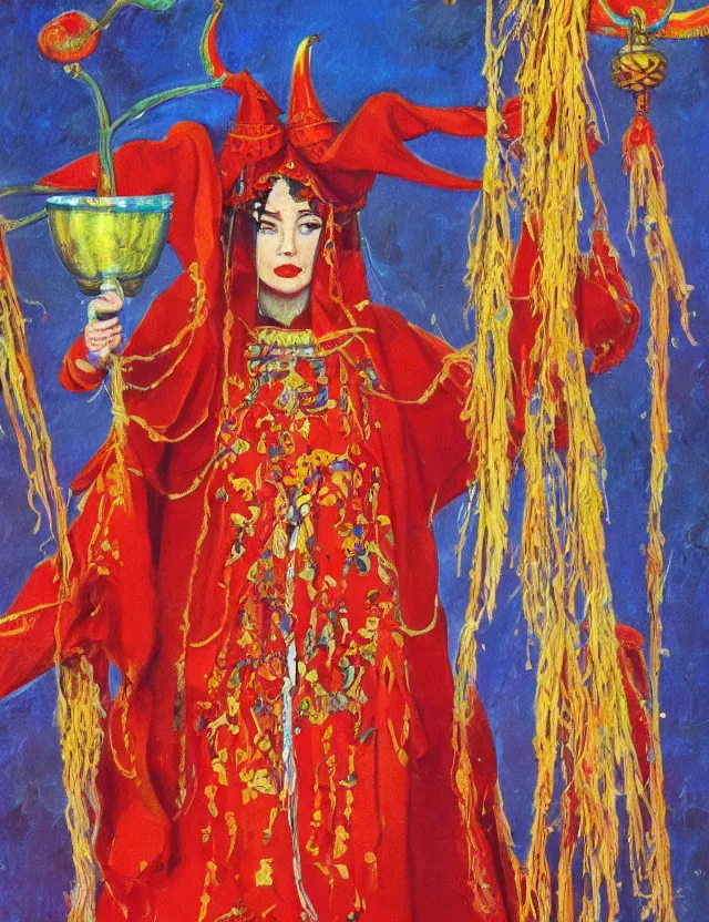 Prompt: chili pepper priestess at the shrine. this heavily stylized oil painting by the beloved children's book illustrator has interesting color contrasts, plenty of details and impeccable lighting.