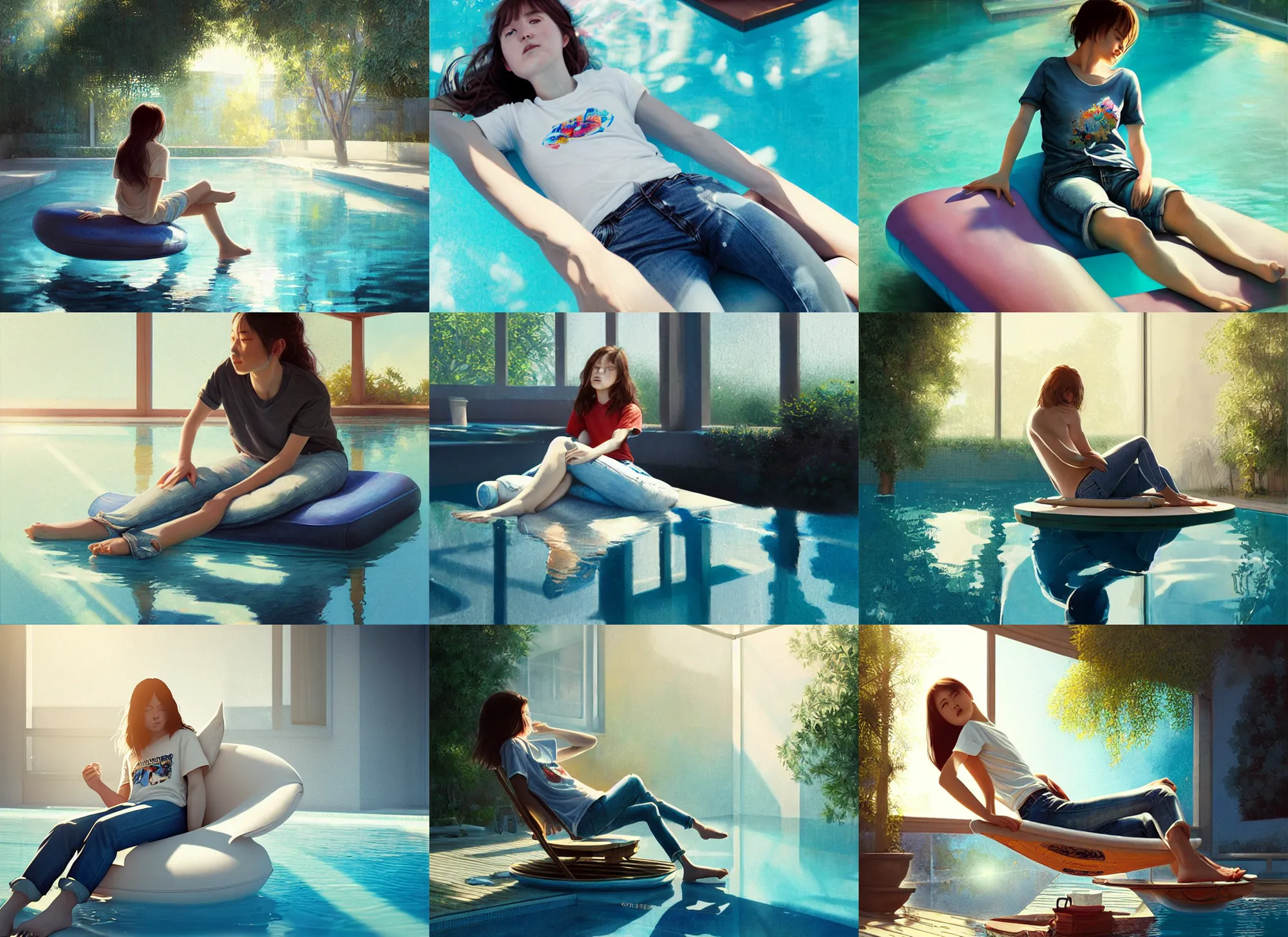 Prompt: girl relaxing in jeans and a t - shirt on a floating pool chair, sunny, bright, reflections, intricate, sharp focus, lens flare, bloom, illustration, highly detailed, digital painting, concept art, matte, art by ruan jia and wlop and greg rutkowski, masterpiece