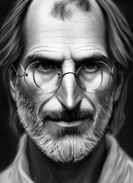 Image similar to portrait of steve jobs, white glowing eyes, silver shaggy hair, cloak, ethereal wings, male, fantasy, extremely detailed, digital painting, artstation, concept art, smooth, sharp focus, illustration, stunning lighting, art by artgerm and alphonse mucha and simon stalenhag, realistic character concept, high fantasy, light atmosphere, golden ratio, cinematic lighting