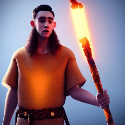 Prompt: Olly Alexander wearing a viking tunic holding a glowing fire magical staff. Trending on Artstation, octane render, ultra detailed, art by Ross tran