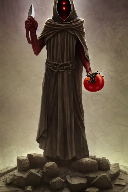 Image similar to an ancient statue of a hooded cultist is holding a bloody knife in one hand and a tomato on the other, standing in a forgotten temple to an eldritch god, by patrick mcenvoy and michael komarck and fantasy flight, incredible quality, trending on artstation