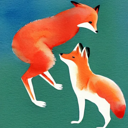 Prompt: a red fox dancing with a white chicken in front of a hen house, watercolor illustration,