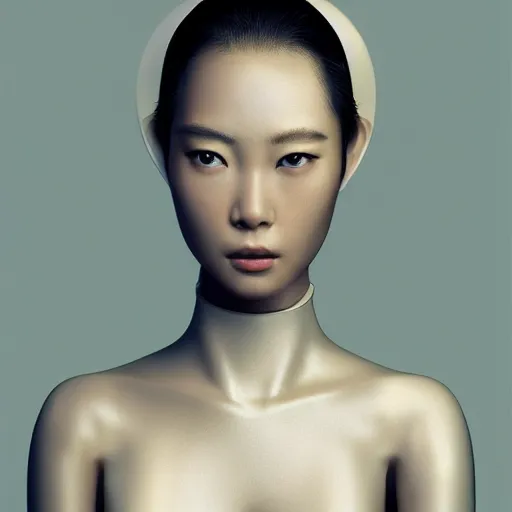 Image similar to portrait of a stunningly beautiful asian female robot , depth of field, zeiss lens, detailed, symmetrical, centered, fashion photoshoot, by Annie Leibovitz and Steve McCurry, David Lazar, Jimmy Nelsson, Breathtaking, 8k resolution, extremely detailed, beautiful, establishing shot, artistic, hyperrealistic, beautiful face, octane render