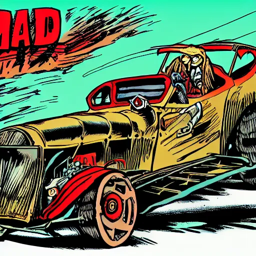 Image similar to gigantic swamp rat driving a hotrod comic - book drawing from mad - magazine pen and ink with full - color artwork, vector svg