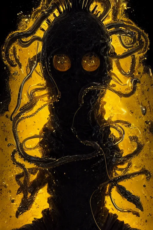 Image similar to A full body portrait of a mysterious character with no face with a very long hooded yellow cloak, a golden crown floating above his head tentacles coming out the ground art by Maciej Kuciara, Lee Griggs and Jason Chan, ominous, cosmic horror, trending on artstation, Ultra detailed, hyper realistic 4k