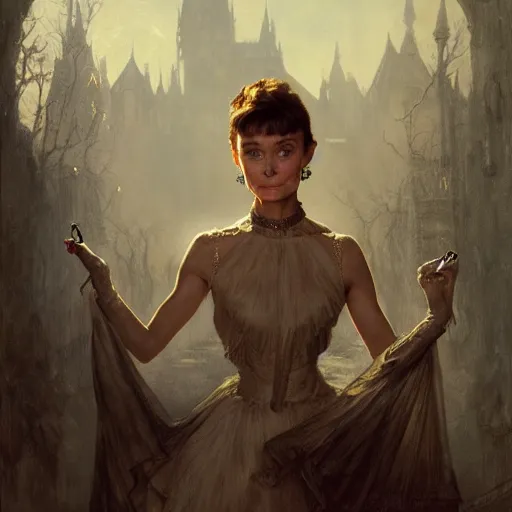 Image similar to audrey hepburn in a horror novel, inside haunted mansion, various backgrounds, highly detailed, digital painting, artstation, matte, illustration, art by gaston bussiere, greg rutkowski, j. c. leyendecker