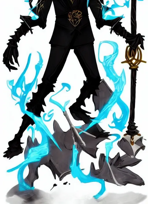 Image similar to DND character concept, skeletal male figure, wearing a deep black suit!!! and tie and top hat, holding a gold! cane!. Surrounded by light blue!!! flames!!