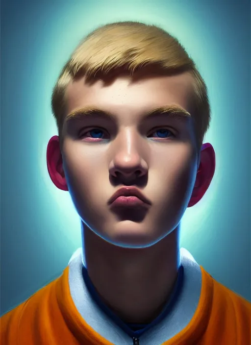 Image similar to portrait of high school senior boy named big moose, blonde short hair, jock, beefy, wide face, square jaw, square facial structure, blue varsity jacket with letter r, intricate, elegant, glowing lights, highly detailed, digital painting, artstation, concept art, sharp focus, illustration, art by wlop, mars ravelo and greg rutkowski