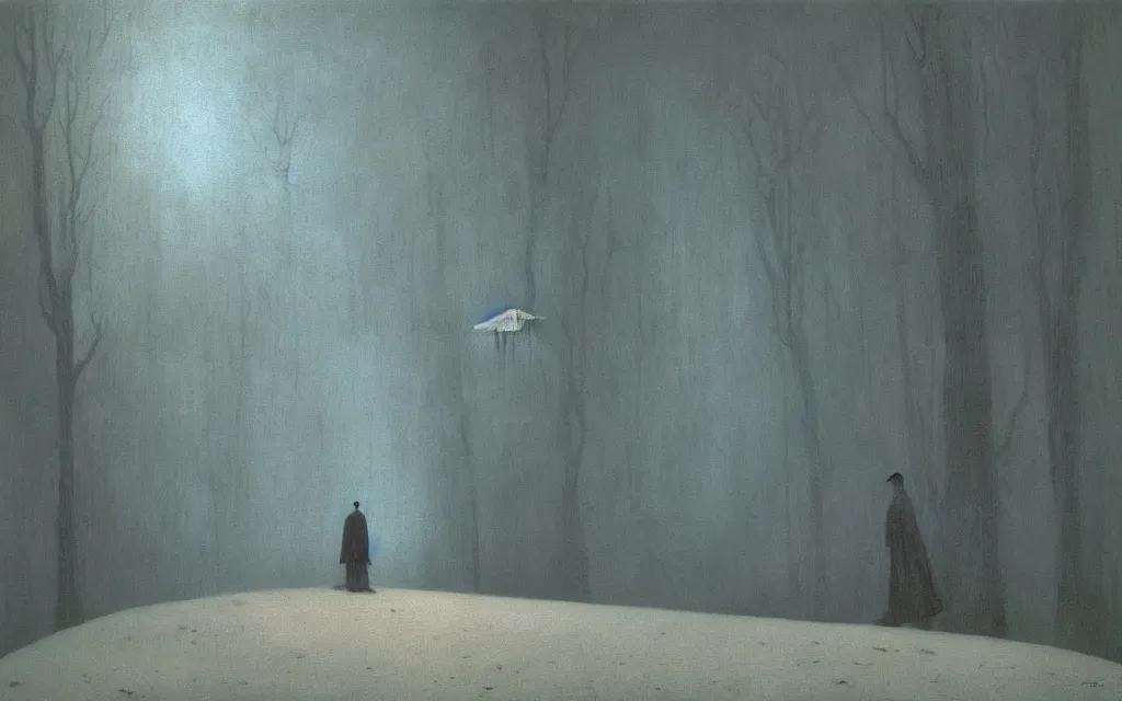 Image similar to high quality high definition colorized movie still from The Cabinet of Doctor Caligari: a lonely ghost walking alone at night in the woods, high quality oil painting by zdzisław beksiński, iridescent color palette