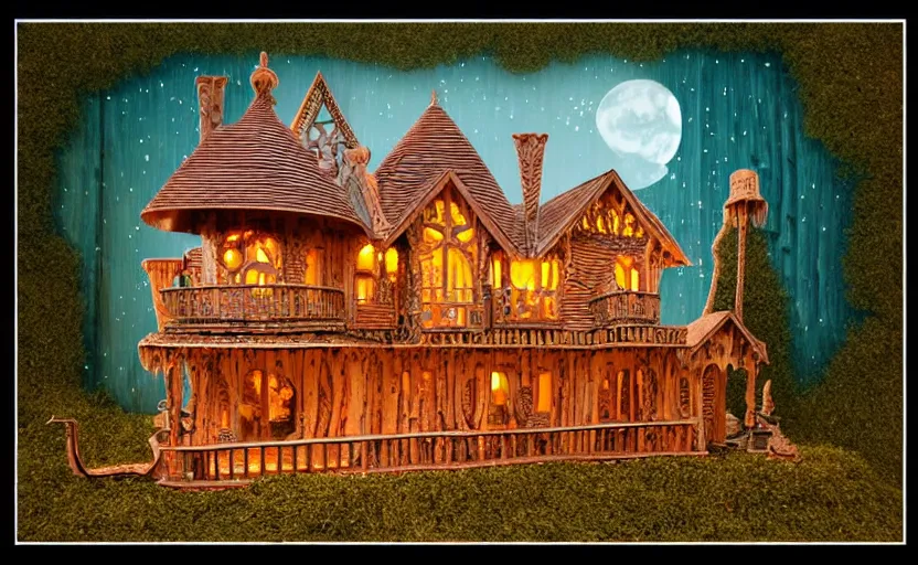 Prompt: one single stand alone huge hyperdetailed elaborate home, seen from the long distance, at night. in a wood made of paper and plastics. maximalist unexpected elements. free sky in plain natural warm tones. 8 x 1 6 k hd mixed media 3 d collage in the style of a childrenbook illustration in pastel tones. matte matte background. no frame hd