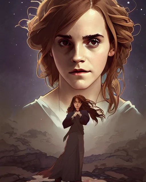 Image similar to Poster artwork, Emma Watson as Hermione Granger, medium shot, details, sharp focus, illustration, by Jordan Grimmer and Alphonse Mucha and greg rutkowski and PiNe(パイネ) and 薯子Imoko and 香川悠作 and maya takamura, intricate, beautiful, Trending artstation, pixiv, digital Art