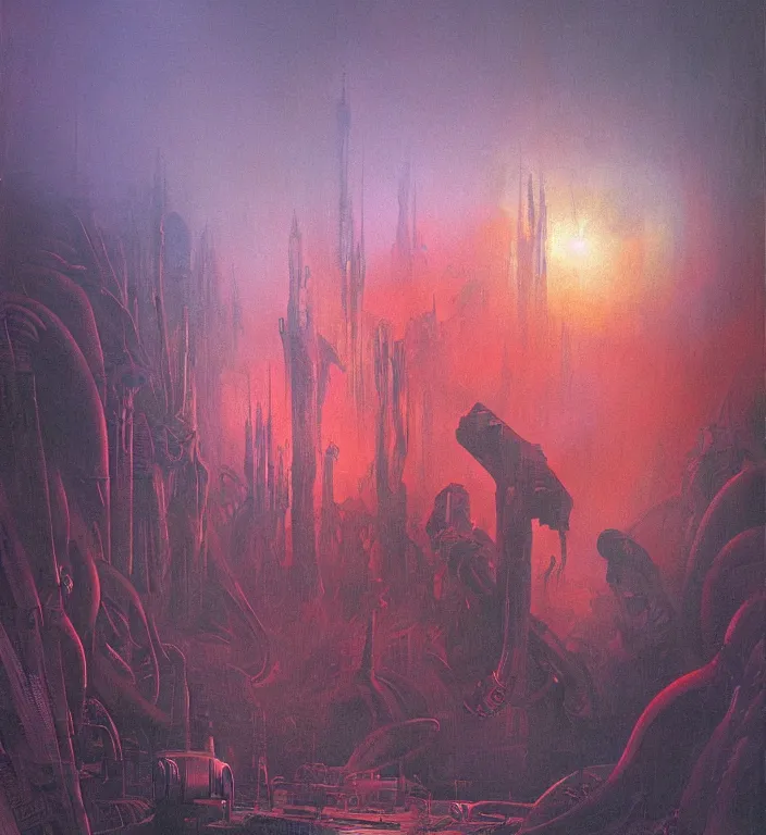 Image similar to the blind liberty of the few, red and purple palette, volume light, fog, by ( h. r. giger ) and paul lehr