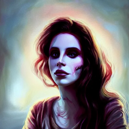 Image similar to color head portrait of lana del rey as a zombie with soft, 7 days to die zombie, gritty background, fine art, award winning, intricate, elegant, sharp focus, cinematic lighting, digital painting, 8 k concept art, art by michael hussar, art by brom, art by guweiz and z. w. gu, 8 k