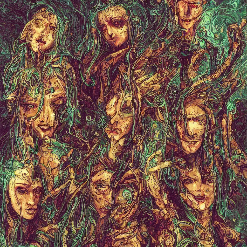 Image similar to high fine hyperdetailed portrait of an elf a glyph and a dunde in a fantastic and surreal psychedelic world, they have a bit of a horror aspect and convey some anger because some invaders came to their land