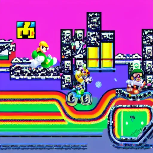 Prompt: super mario kart in the cyberpunk style; featuring the track Mario Circuit 3 with peach, bowser and yoshi driving karts on the shiny road