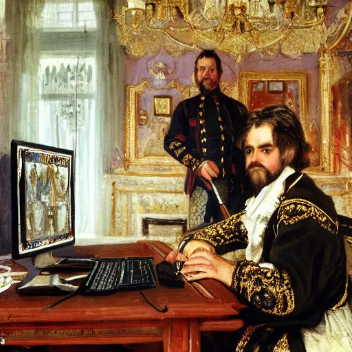 Image similar to russian tsar Peter The Great 18th century reinstalls operatins system on desktop computer by vasnetsov and surikov serov, JEAN-VICTOR BERTIN, by Terence Cuneo, detailed, artfully traced, 4k resolution, cinematic, dramatic