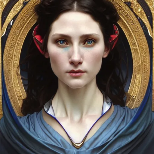 Prompt: Portrait of a female cleric wearing a kerchief covering her ears. She has blue eyes, black hair, porcelain skin, full lips, high slanted cheekbones. Fantasy art by artgerm and greg rutkowski and alphonse mucha, intricate, elegant, highly detailed, digital painting, concept art, illustration, award winning on artstation, D&D, AD&D.