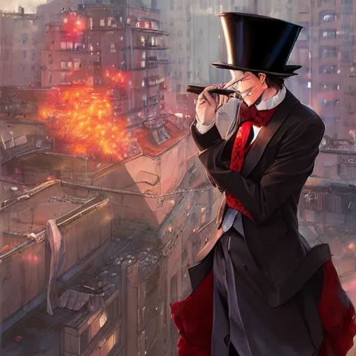 Prompt: red haired top hat wearing anime man smoking on rooftop, portrait made by Stanley Artgerm, WLOP, Rossdraws, James Jean Andrei Riabovitchev, Marc Simonetti, Yoshitaka Amano, Artstation