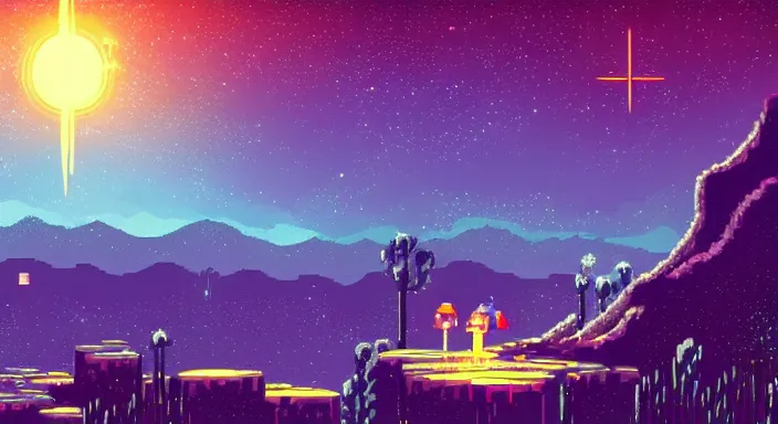 Image similar to Beauiful background level of a 2D Sega Genesis game, video game art, pixel art, concept art, starry sky, dreamy and romantic, ultra detailed, natural lighting, trending on artstation