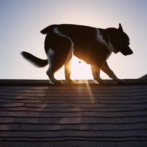 Prompt: dog on roof, morning light, backlit,