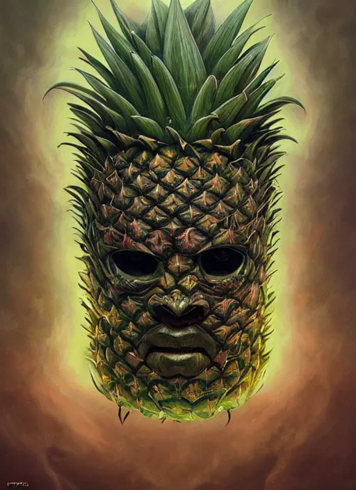 Prompt: pineapple mf doom reptile eyes, luminescent pineapple skin. intricate, elegant, highly detailed, centered, digital painting, artstation, concept art, smooth, sharp focus, illustration, artgerm, tomasz alen kopera, peter mohrbacher, donato giancola, joseph christian leyendecker, wlop, frank frazetta