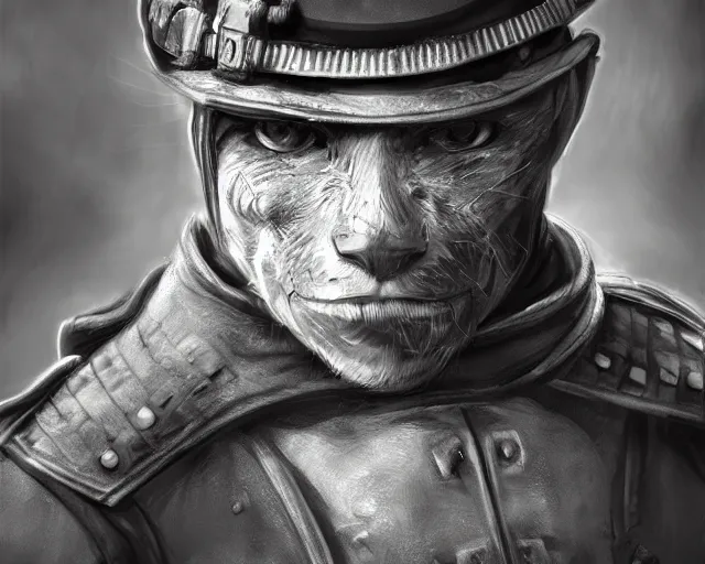 Image similar to A soldier cat warrior in world war one, close-up, realistic face, sharp facial features, mature facial features, black and white, amazing digital art, hyper detailed, artstation, in the style of Tony Sart