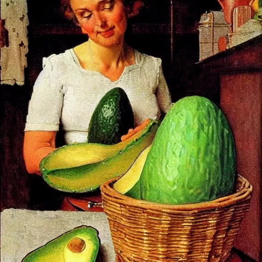 Prompt: The Goddess of Avocados. A painting by Norman Rockwell.