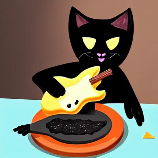 Prompt: A Hyperealistic black Cat with a body made out of cheese playing guitar.
