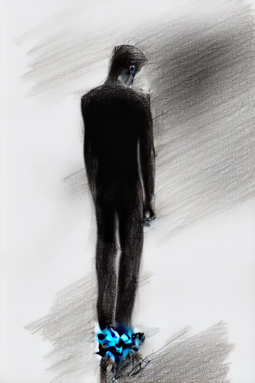 Image similar to a drawn man standing in the rain. pencil sketch.