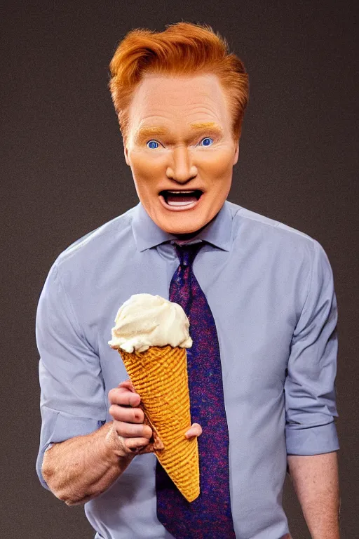 Image similar to 📷 conan o'brien the ice - cream cone 🍦, made of food, still image, dynamic lighting, 4 k