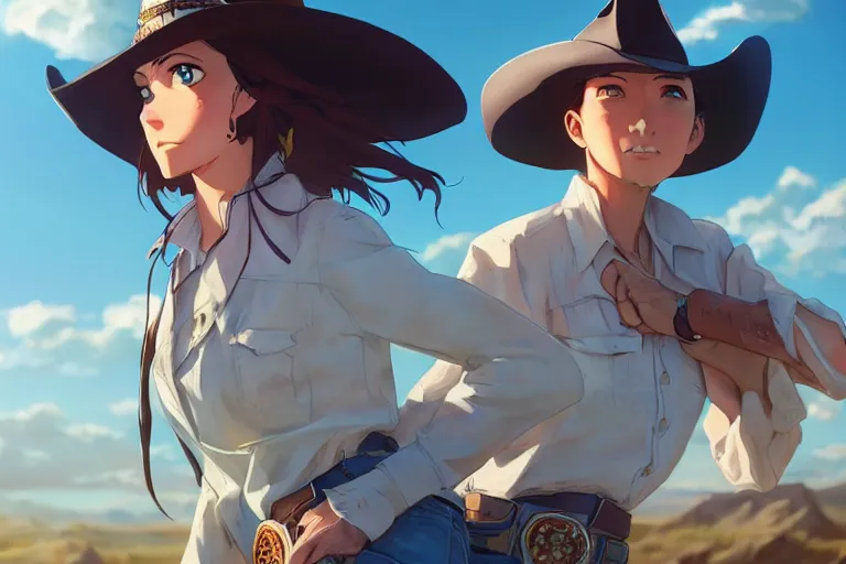 Image similar to western cowgirl in the badlands, single subject, scenic full shot, ambient lighting, detailed face, by makoto shinkai, stanley artgerm lau, wlop, rossdraws