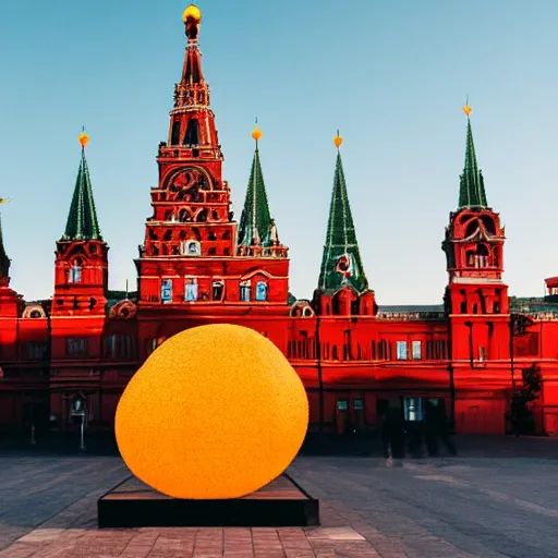 Image similar to symmetrical photo of giant mango sculpture on red square, super ariel wide shot, bokeh, golden hour