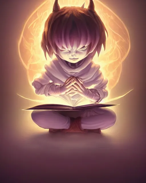 Image similar to a tiny cute demon meditating, wrapped in sacred parchment with glowing text, smooth, intricate, elegant, digital painting, artstation, power runes, pulsing energy, concept art, sharp focus, octane render, illustration, art by shintaro kago and james jean, overwatch character,