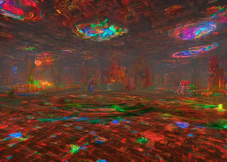 Image similar to interior of an LSD temple, playstation videogame render, 4k, artstation