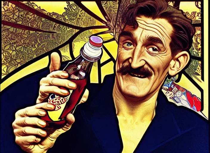 Image similar to barry chuckle drinking a bottle of snake oil, snake oil advertisement from 1 9 8 8, artwork by alphonse mucha and richard corben, 3 d, high resolution 8 k