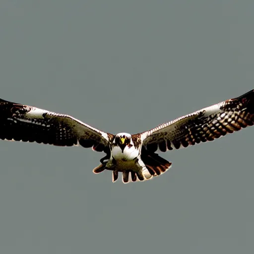 Image similar to a modern, dynamic graphic logo of a fearsome osprey in flight