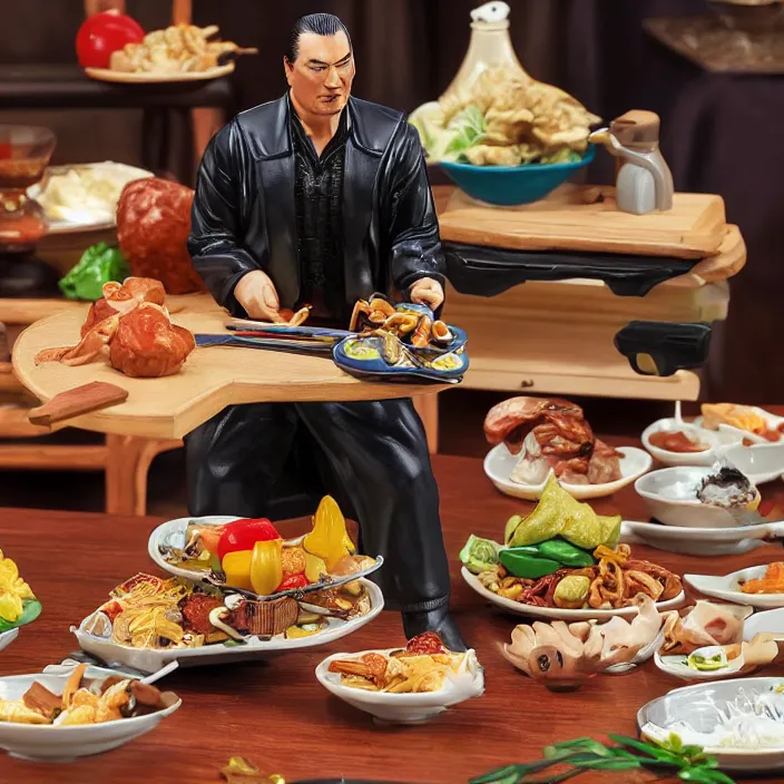 Image similar to detailed figure of steven seagal from asian connection flipping a table of food, first 4 figures, detailed product photo