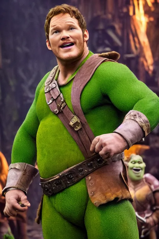 Image similar to Chris Pratt as Shrek in live action adaptation, set photograph in costume, cosplay