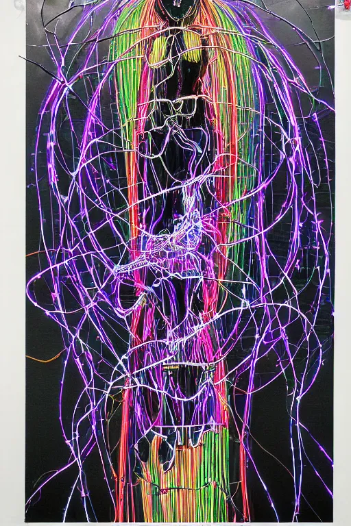 Prompt: dark realism a beautiful robot fighter pilot is suspended by luminous intricate organic and colorful electric cables and wires and fiber to the jet